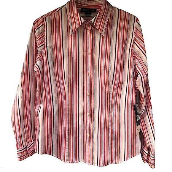 Jones New York petite Button Up Blouse coral stripe career office preppy PL - Picture 1 of 8